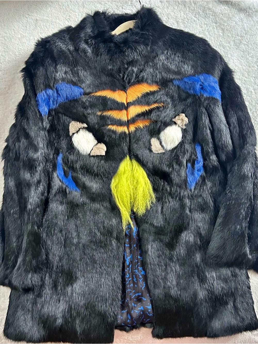 NWT RoschTerra Real Rabbit Fur Novelty Cat Face Coat Jacket Black Blue Small S